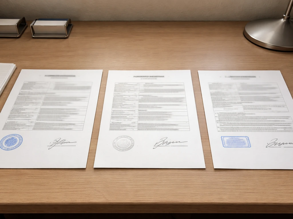Close-up of three anonymous business documents and cards on a desk, suggesting multiple identities to compare