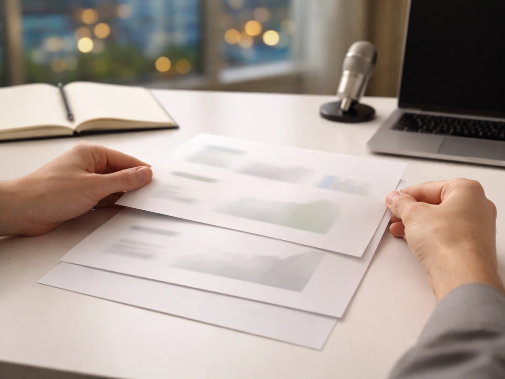 Hands arranging layered business documents on a desk with a laptop and office window light.