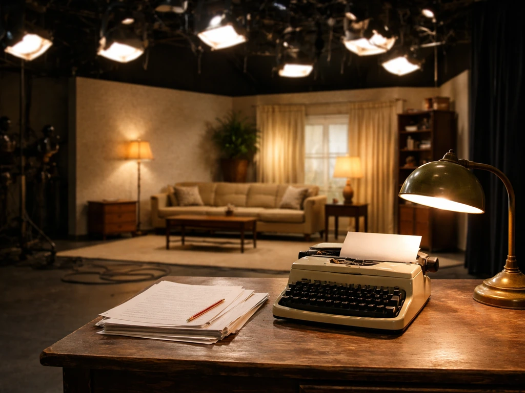 Vintage studio set lights and a weathered script desk suggest classic daytime TV wealth