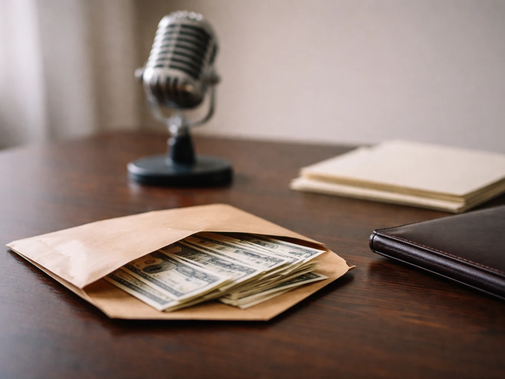 Minimal photo of an unlabeled envelope of cash beside a studio microphone, symbolizing net worth range