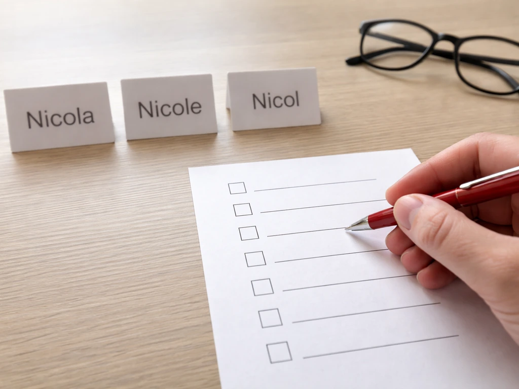 Minimal desk scene with printed name tags showing spelling variants and a checklist for identity verification.