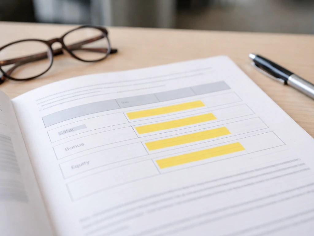 Close-up of a corporate remuneration report page with highlighted salary, bonus, and equity fields on a desk.
