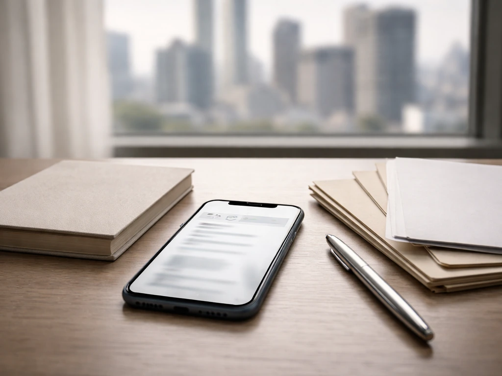Minimal desk scene with phone and blank papers suggesting identity verification and net-worth research.