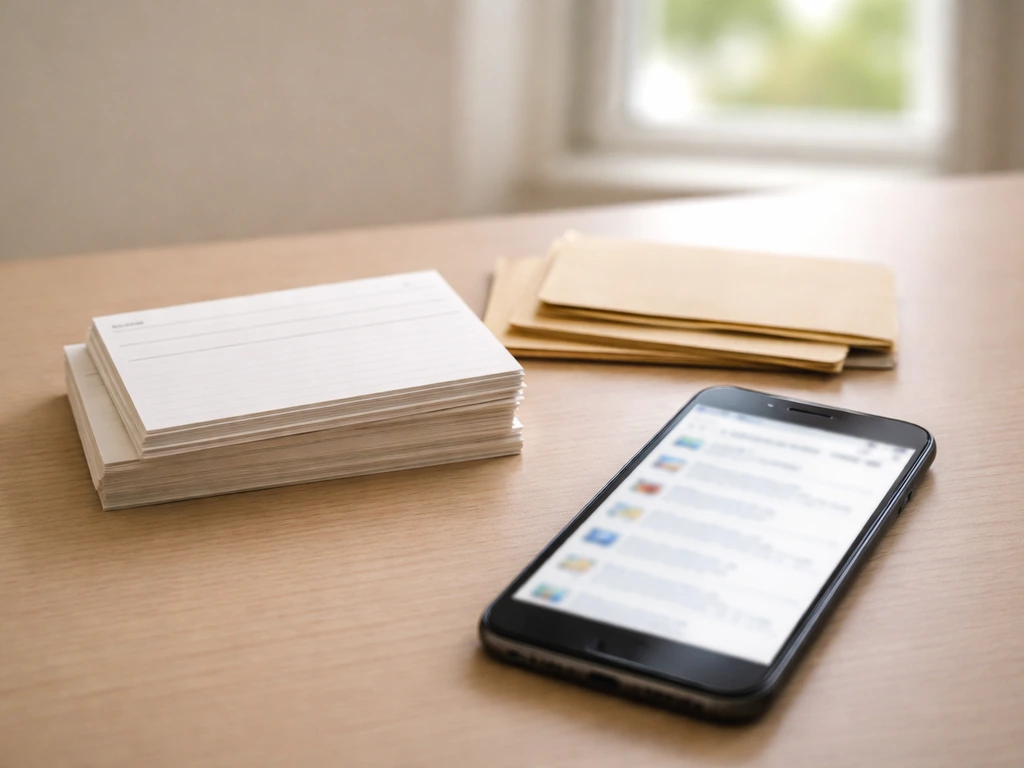 Minimal desk scene with anonymous stacked record cards and a smartphone showing search-style results
