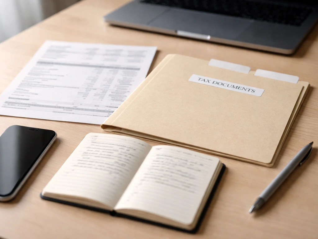 Desk with blank paystub-like papers, tax folder, and notebook implying income-source research.