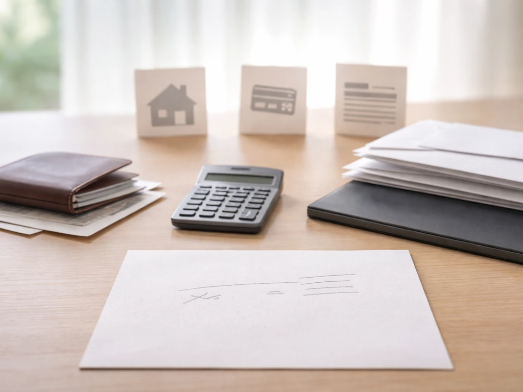Minimal desk scene with calculator, envelopes, and generic debt documents suggesting liabilities reduce net worth.