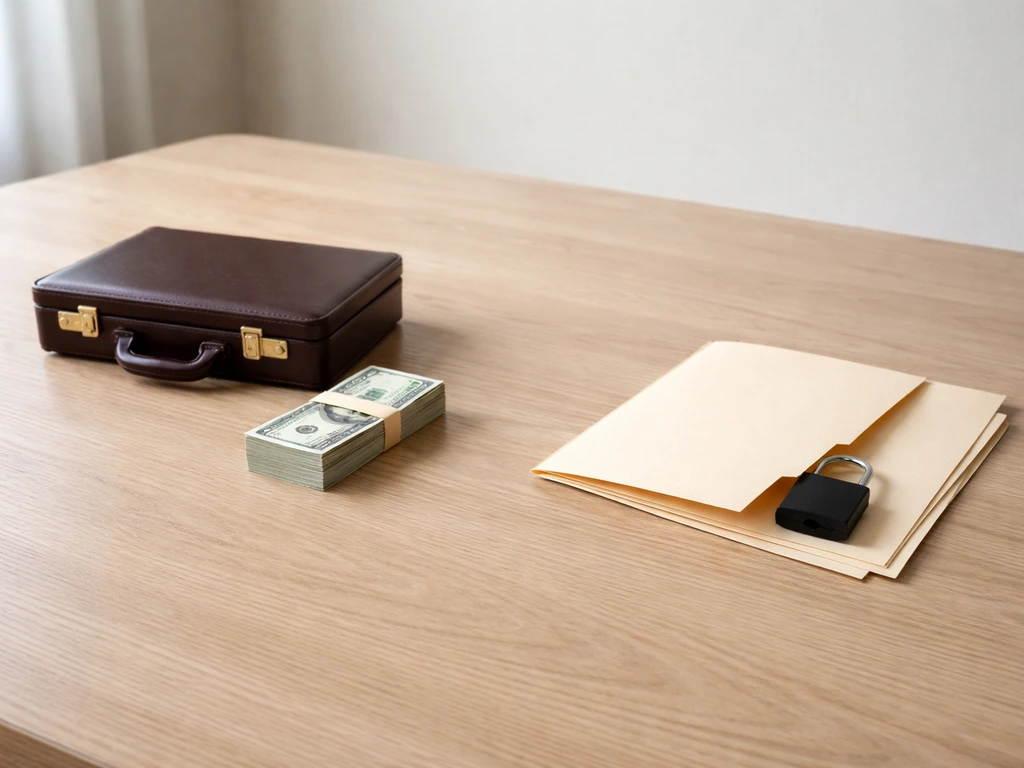 Minimal desk scene with cash and documents separated by a simple locked folder, symbolizing assets minus liabilities.