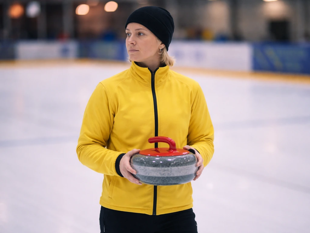 Curling athlete on an ice rink beside a blurred sponsor backdrop, suggesting sponsorship income.
