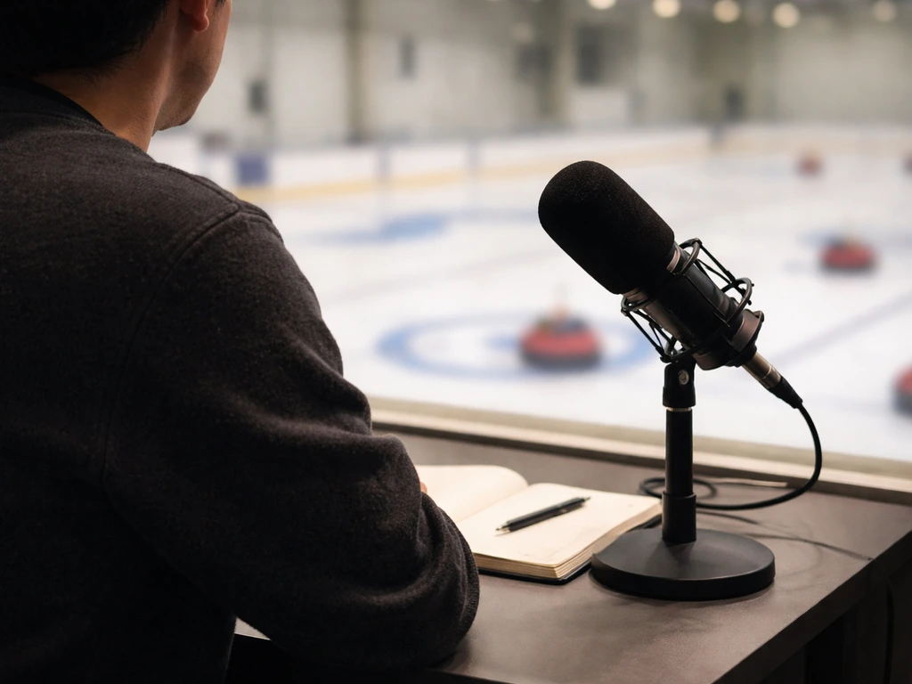 Anonymous coach-like figure in a minimal media-studio setting with a microphone and a blurred sports backdrop