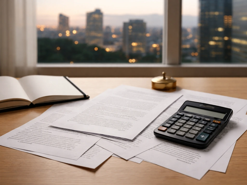 Minimal desk scene with scattered documents, an open notebook, and a calculator beside a blurred city view
