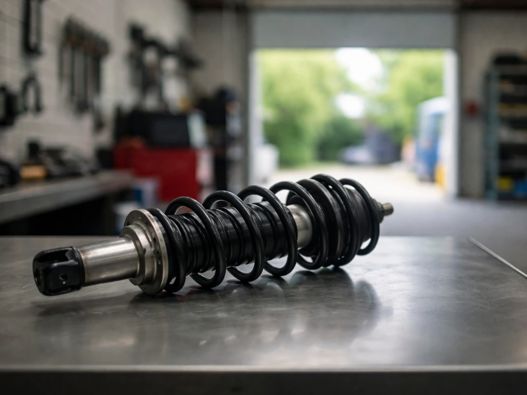 Minimal view of an automotive suspension strut on a workshop bench in natural light.