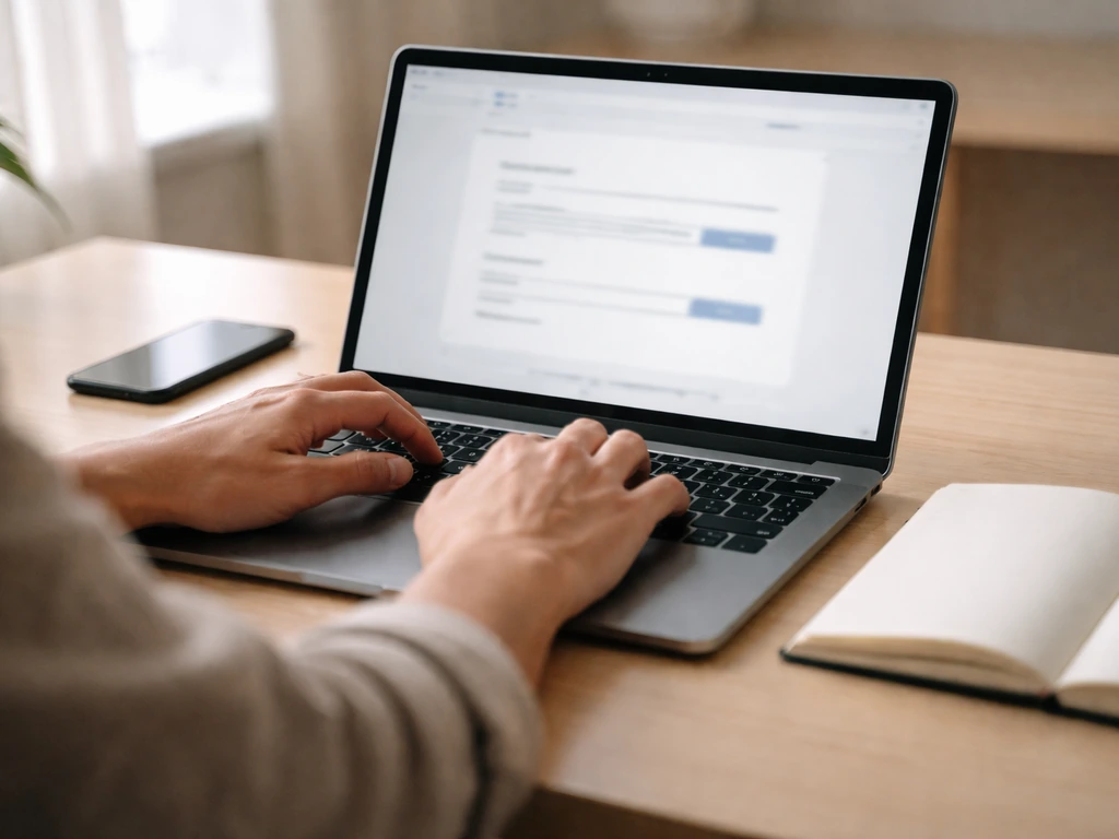 Person typing on a laptop with a phone beside it, reviewing an online company registry workflow