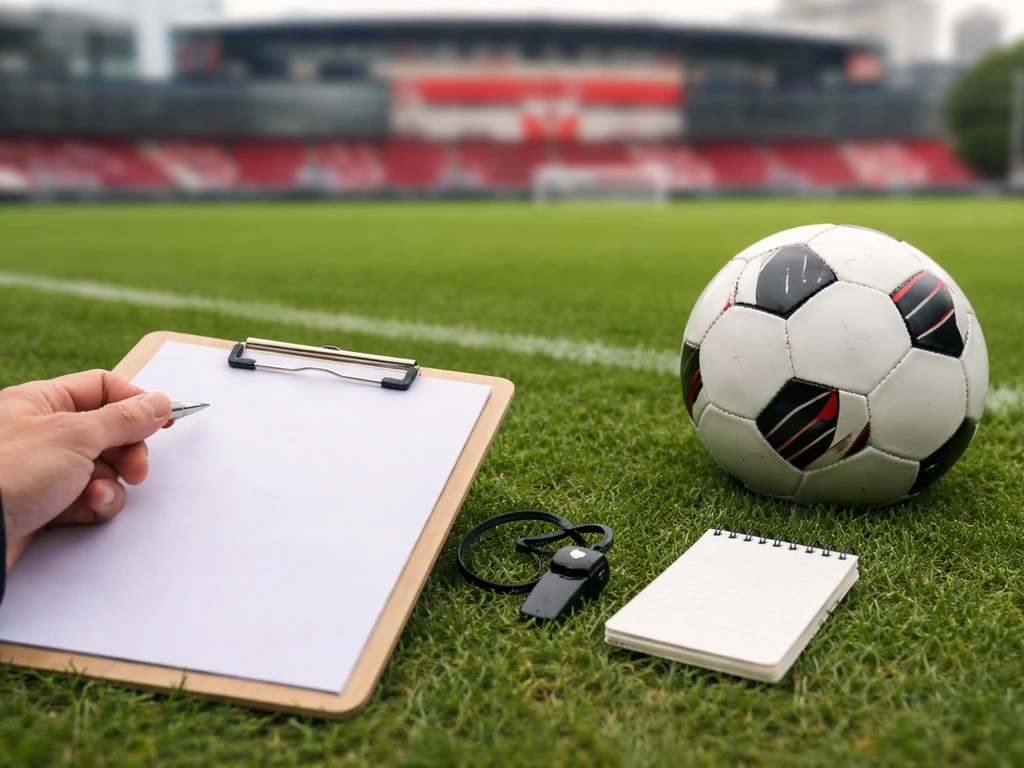 Arsenal-themed set-piece analysis scene with a coach-like clipboard and football on a training field