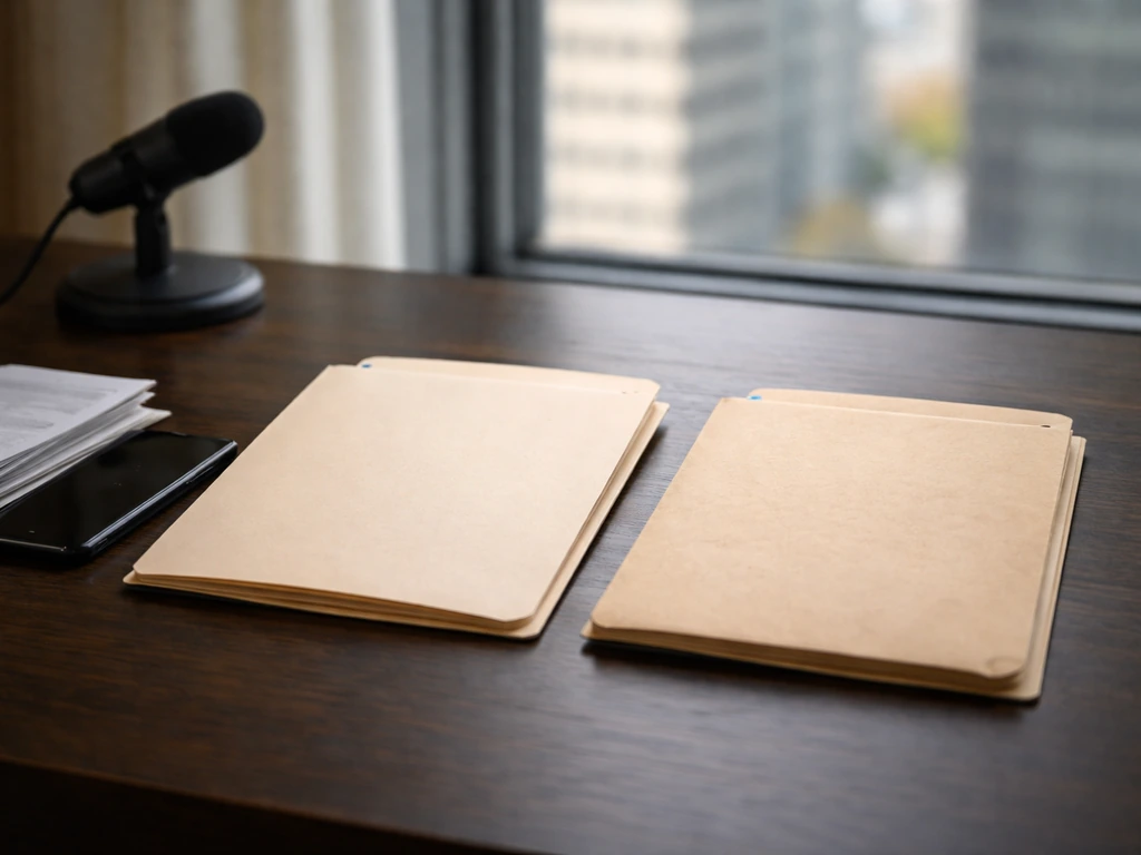 Minimal finance-themed desk scene with two blurred folders symbolizing verified facts vs estimates