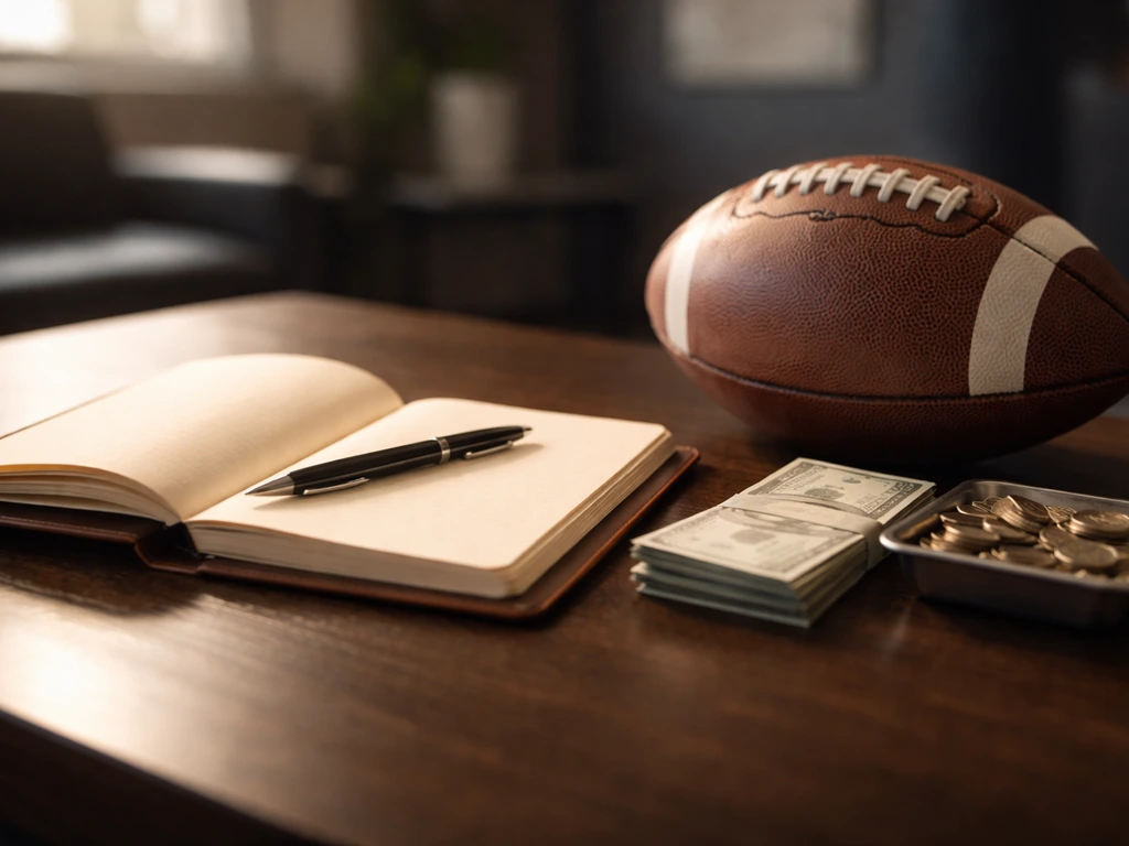 Close-up of a coach’s notebook and pen beside a football on a desk with money symbols, no people
