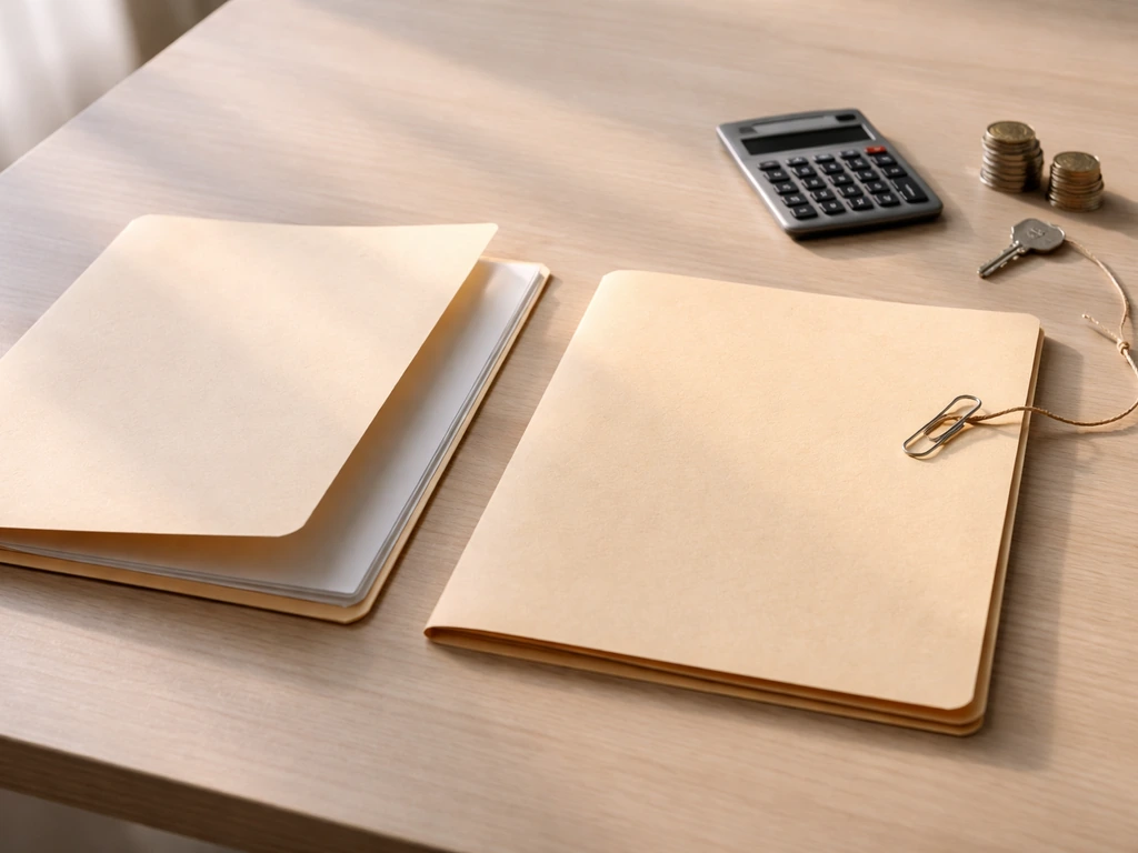 Minimal photo of a desk with envelope labeled assets and liabilities folders, showing subtraction concept with a calcula