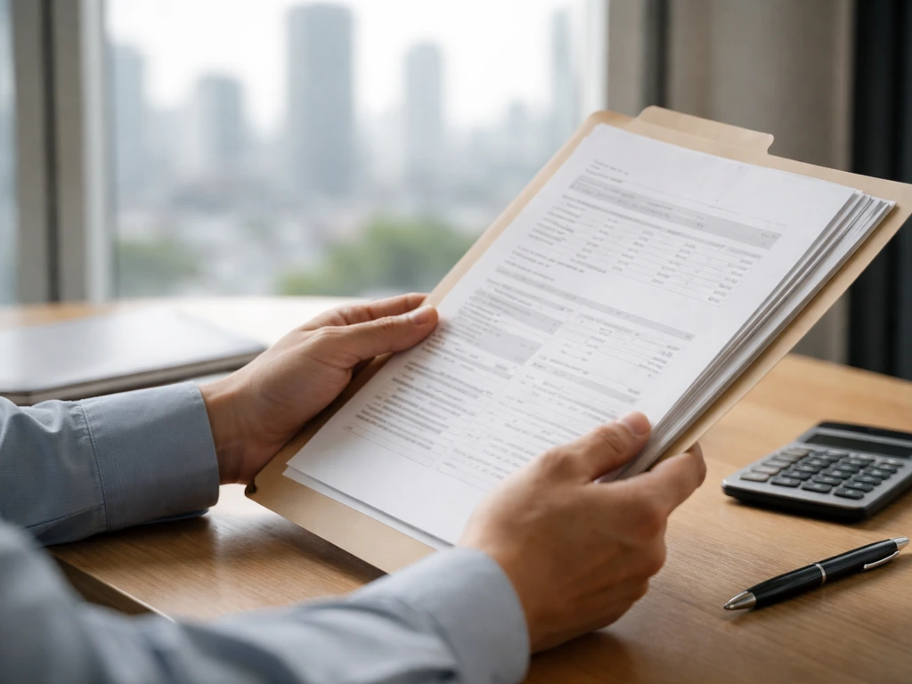 Hand holding a folder of financial papers beside a calculator and blurred city skyline at dusk.