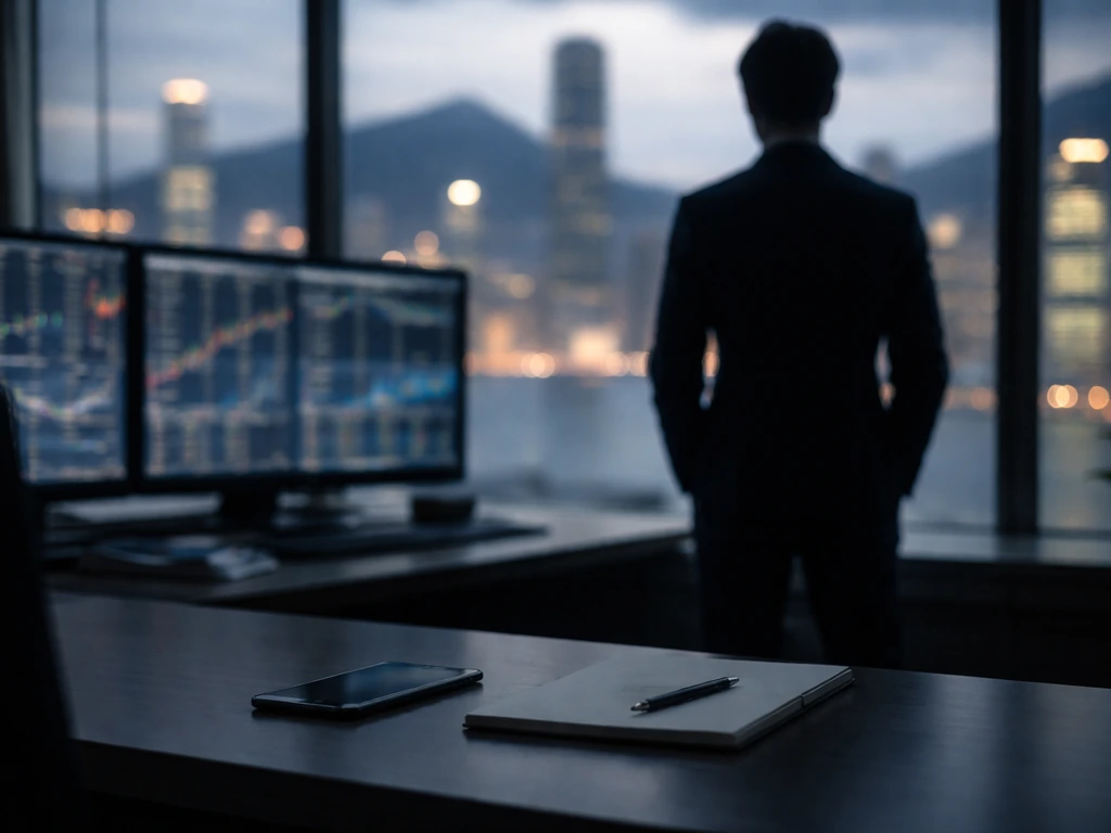 Minimal finance office scene with HKEX-style trading screens and a banker’s silhouette, no identifiable person.