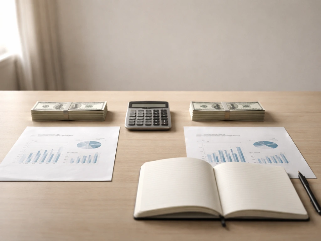 Minimal desk scene with reports, calculator, and cash suggesting comparison of financial figures.