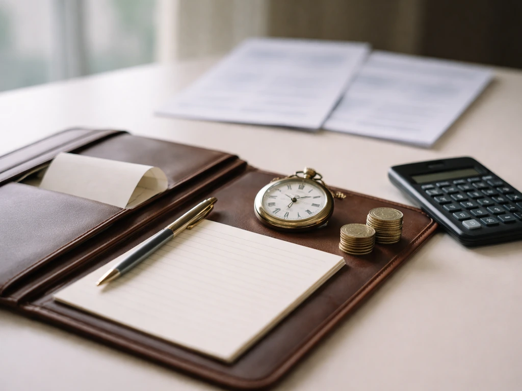 Minimal desk scene with calculator, pocket watch, and portfolio suggesting CEO compensation breakdown.