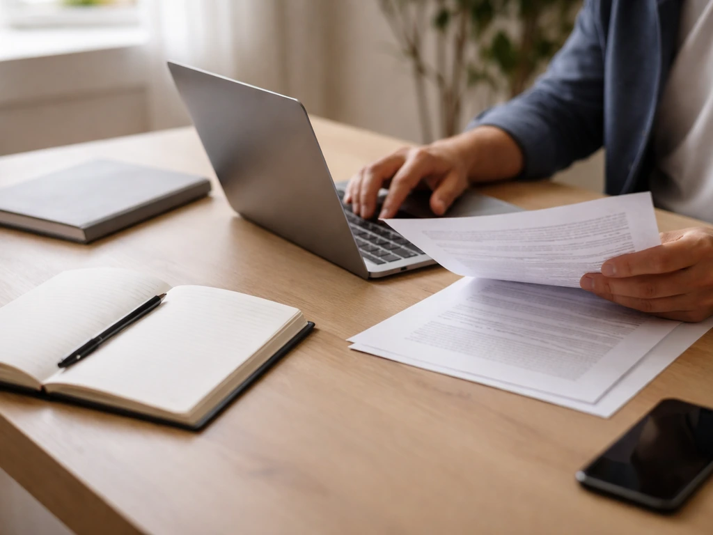 Person using a laptop in a quiet office with papers, highlighting a workflow for verifying financial records.