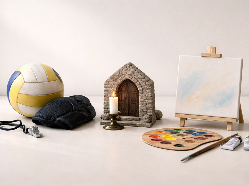 Minimal tabletop scene with volleyball gear, a small church arch, and art supplies laid side-by-side.