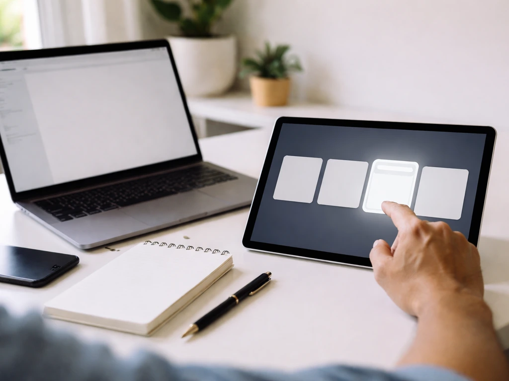Hands reviewing a verification workflow on laptop and tablet with one emphasized official-pages step.