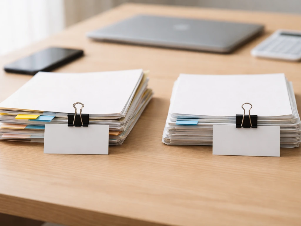 Minimal desk with two document stacks symbolizing mismatched vs verified identity information.