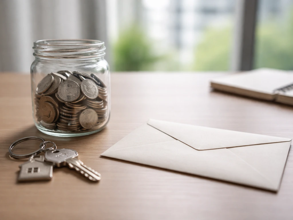 Minimal desk photo showing house key, coin jar, and envelope to symbolize assets minus liabilities