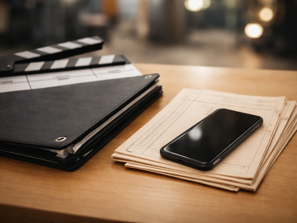 Minimal film desk with clapperboard and blank call sheets, symbolizing acting roles over time.