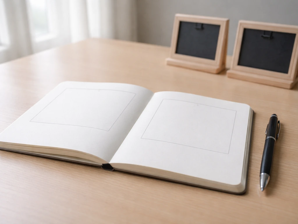 Minimal desk with blank notebook and empty frames suggesting no public endorsement evidence