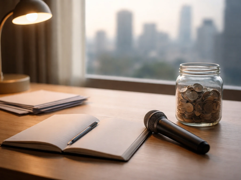 Anonymous studio desk with microphone and coins near a window, suggesting money uncertainty without text.