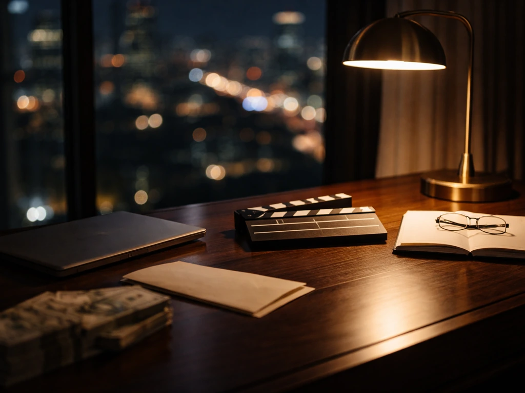 Cinematic desk scene with a closed laptop, film clapperboard, and a subtle envelope symbolizing wealth research