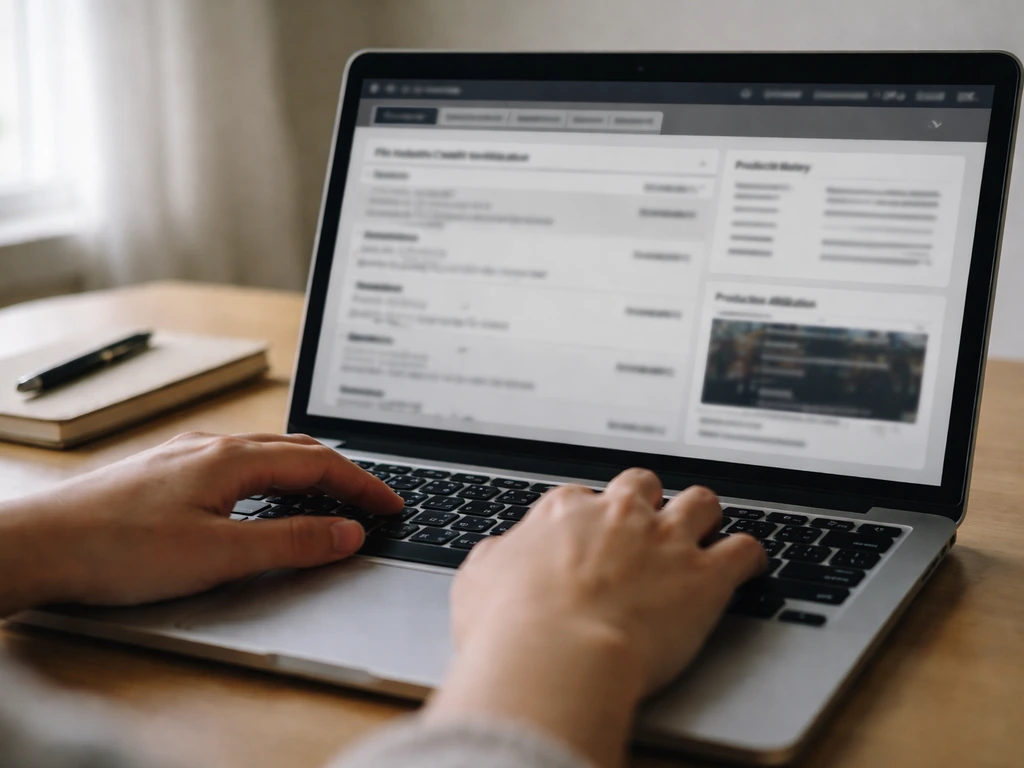 Hands verifying film credits on a laptop with a simple, non-branded interface layout.