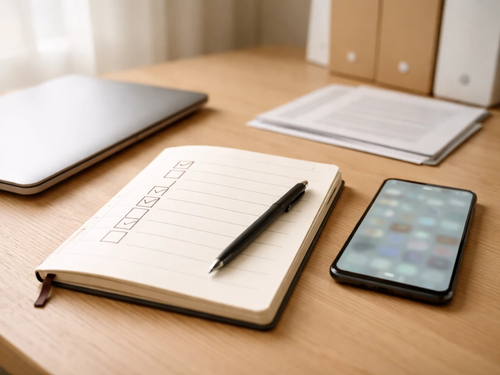 Minimal desk scene with a paper checklist, smartphone, and laptop showing abstract media icons for verification steps.