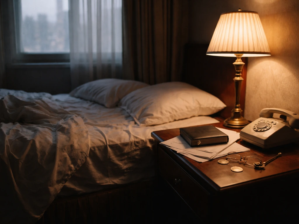 Quiet vintage hotel bedside with worn coins, papers, and a lamp in soft natural light.