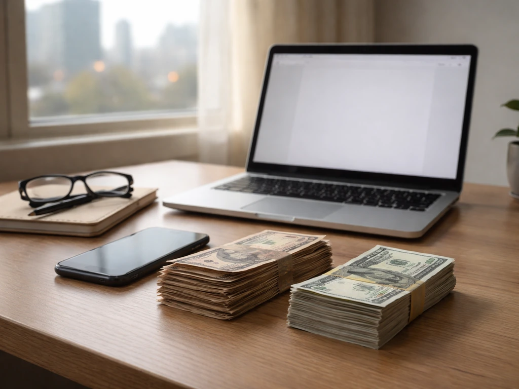 Minimal desk scene with banknotes, laptop, and phone symbolizing conflicting financial estimates