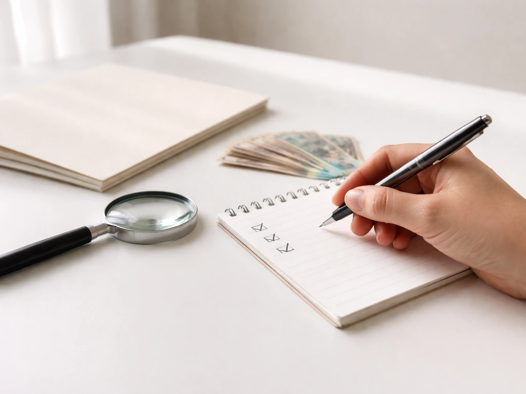 Hand placing small checkmarks on a notepad beside banknotes and a magnifying glass