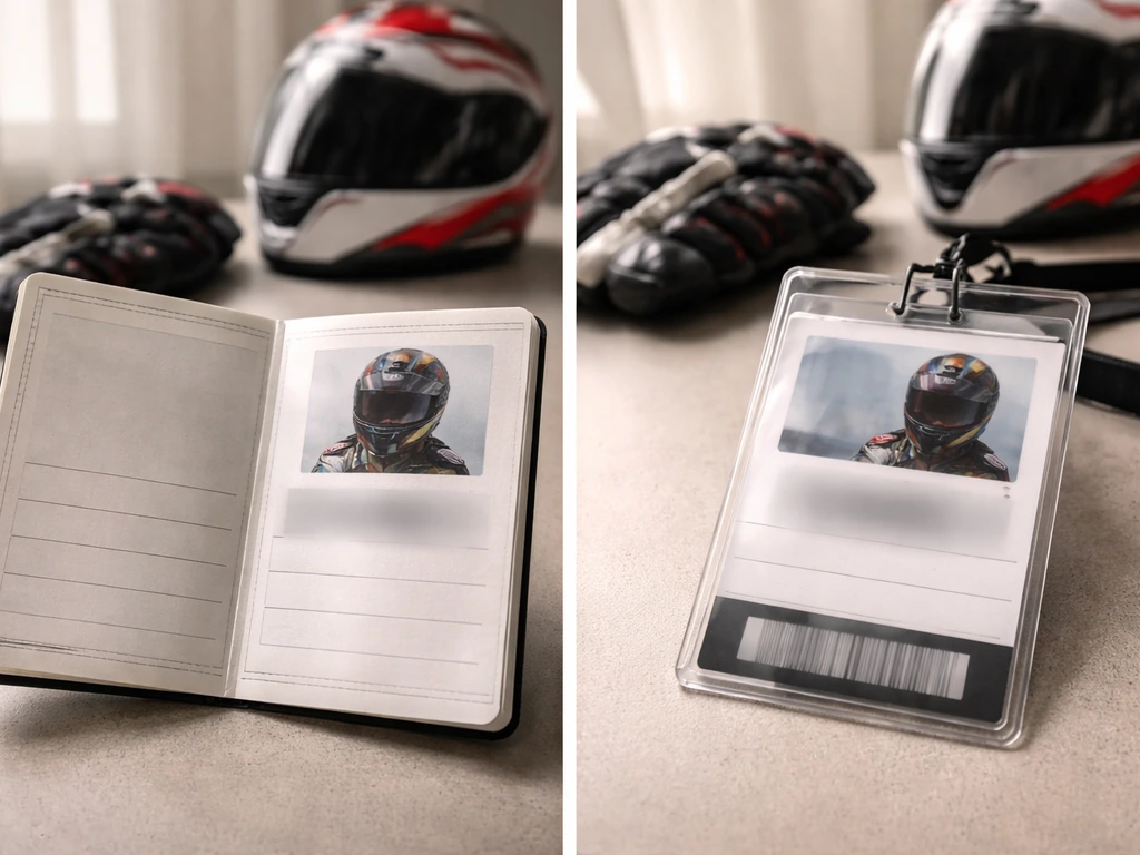 Split-screen of two anonymous racing ID cards with blurred name fields and riding gear on a desk.
