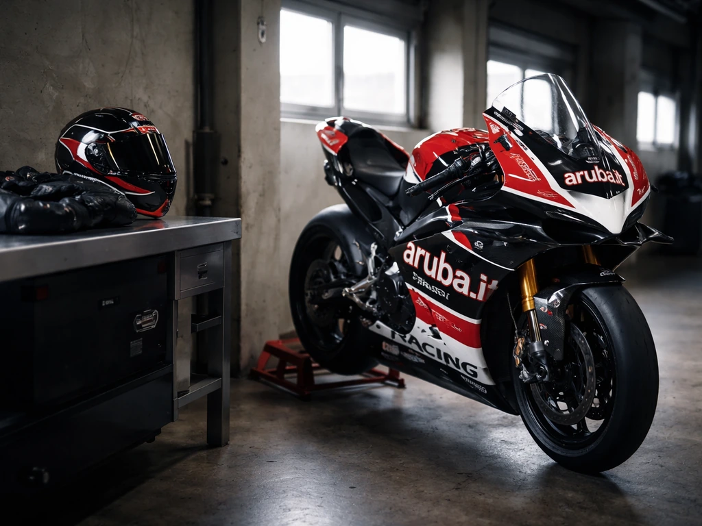 WorldSBK bike and rider gear in a garage, with subtle racing branding on the fairing.