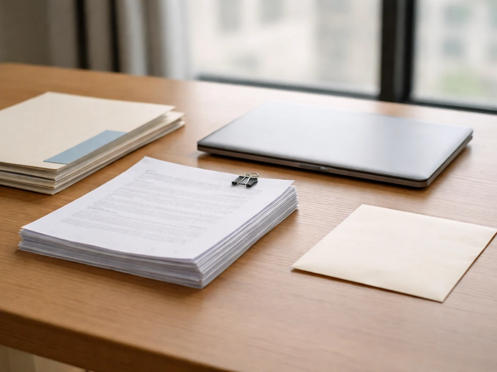 Minimal office desk scene with financial documents and a closed laptop symbolizing included vs excluded net worth data.