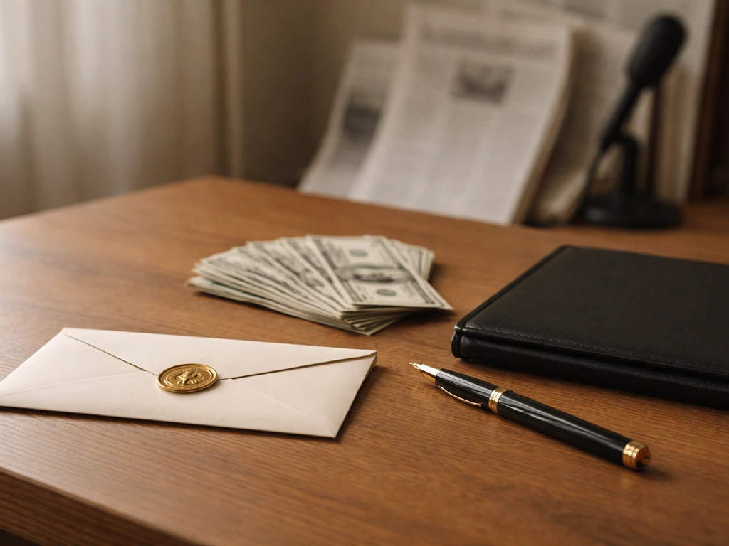 Minimal desk scene with envelope, fanned banknotes, and a pen suggesting estate-based net worth analysis.