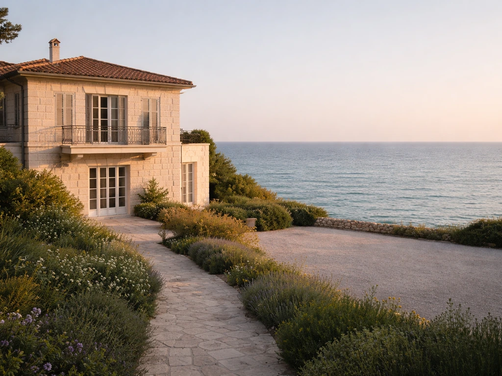 Sunlit French Riviera villa by the sea, with empty space implying unknown income side.