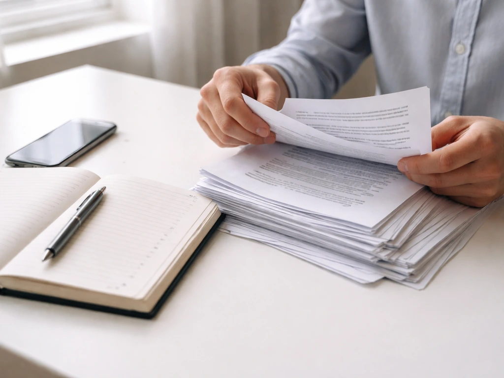 Close-up of hands comparing printed court documents with a notebook and smartphone in a quiet office
