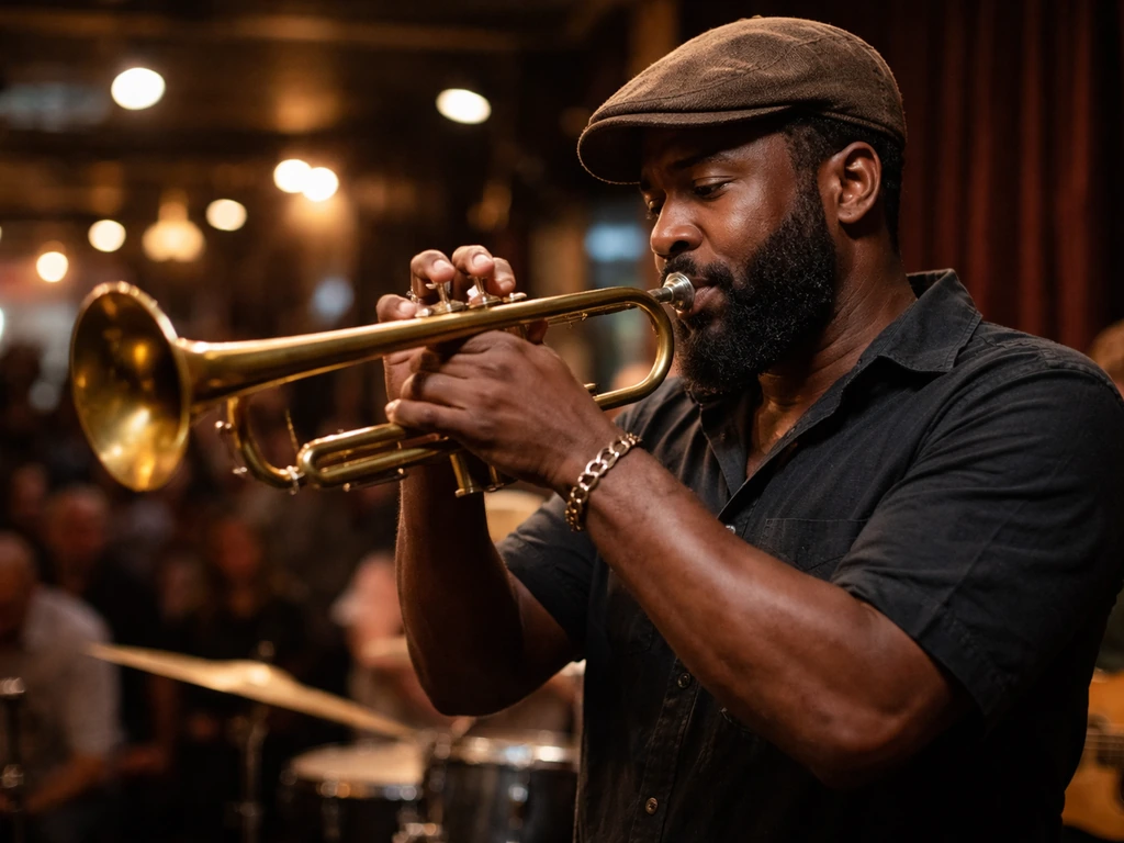 Jazz trumpeter performing live with a brass trumpet on a small stage, warm lights, minimal background.
