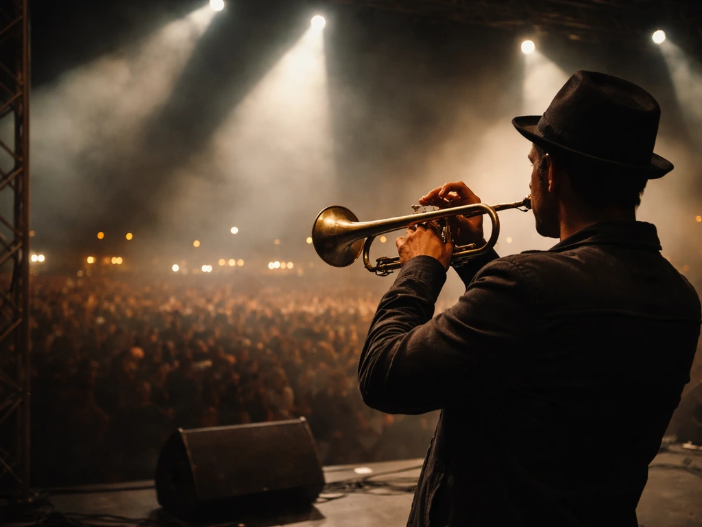Anonymous jazz trumpeter playing on a festival stage under spotlights with a blurred crowd behind.