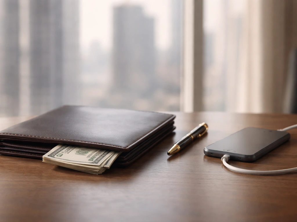 Luxury office desk with money and pen, city skyline through a window, no people.