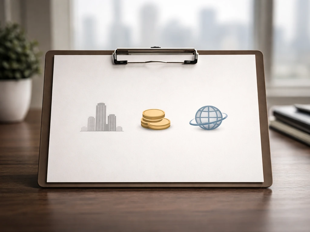 Minimal desk business-stats board with abstract icons suggesting real estate and investments.