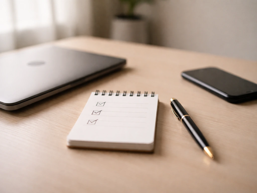 Minimal desk scene with notepad and checklist-style checkmarks, symbolizing verifying a financial estimate.
