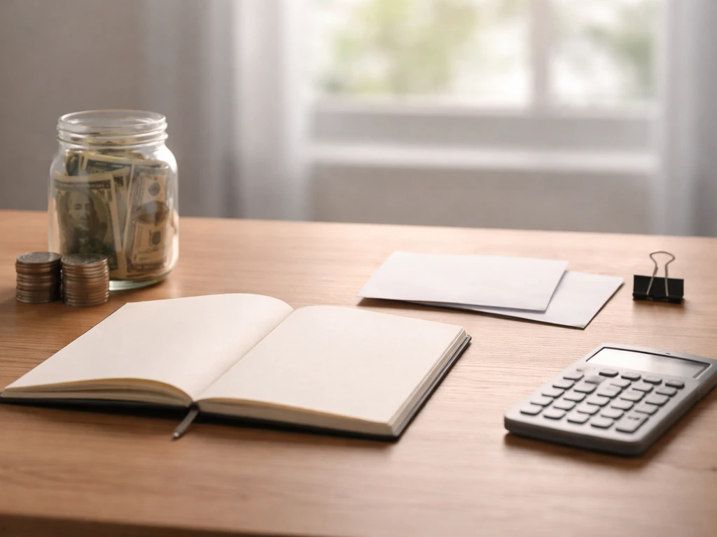 Minimal desk scene with a closed ledger and separated envelopes symbolizing assets and liabilities.